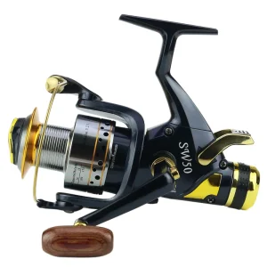 Haspelrulle SW50 / SW60 - Fishing Reel Metall - Fiskerulle med Trähandtag - Spinnrulle med Fram- och Bakbroms - Svart Guld