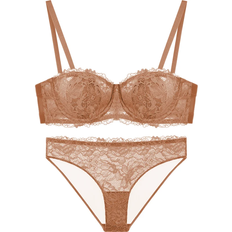 BH Set Dam Spets - Balconette BH med Blommig Spets 1/2 Kupa och Trosa - Ljusbrun och Beige Spets BH med Bygel - S till XL - Single Bra eller Set - Bild 7