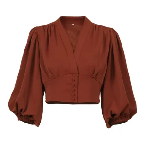 Blus Dam V-hals med Ballongärm - Elegant Lantern Sleeve Blus med Knappar - Kort Blus med Puffärm - Brun, Röd, Vit, Svart - S till L