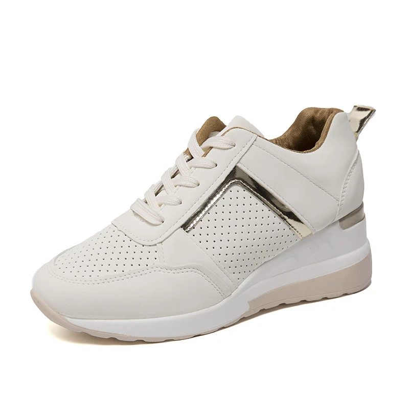 Sneakers Dam Platform med Kilklack - Wedge Sneakers Dam med Guld Detalj - Bekväm Platå Sneakers med Snörning - Beige, Vit, Grå, Rosa - 35 till 43 - Bild 5