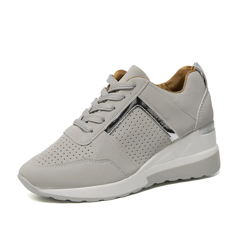 Sneakers Dam Platform med Kilklack - Wedge Sneakers Dam med Guld Detalj - Bekväm Platå Sneakers med Snörning - Beige, Vit, Grå, Rosa - 35 till 43 - Bild 7