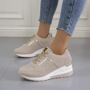 Sneakers Dam Platform med Kilklack - Wedge Sneakers Dam med Guld Detalj - Bekväm Platå Sneakers med Snörning - Beige, Vit, Grå, Rosa - 35 till 43