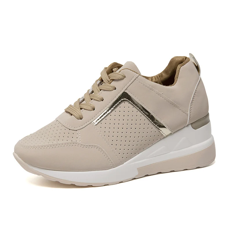 Sneakers Dam Platform med Kilklack - Wedge Sneakers Dam med Guld Detalj - Bekväm Platå Sneakers med Snörning - Beige, Vit, Grå, Rosa - 35 till 43 - Bild 8