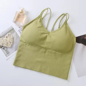 Bralette Dam Ribbad - Cropped Top med Dubbla Tunna Band - BH Top utan Bygel med Pads - Grön, Svart, Vit, Korall - Free Size