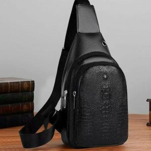 Crossbody Väska Herr - Bröstväska i PU Läder med Krokodilmönster - Vattentät Business Sling Bag - Svart & Mörkbrun