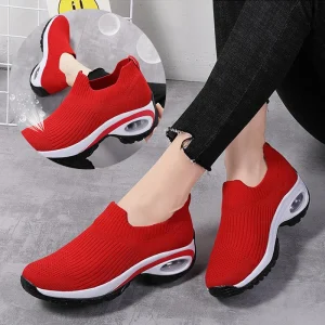 Sneakers Dam Air Cushion Mesh - Slip On Sneakers Dam Andas - Bekväm Sportsko Dam med Luftkudde - Röd, Vinröd, Svart - 35 till 41