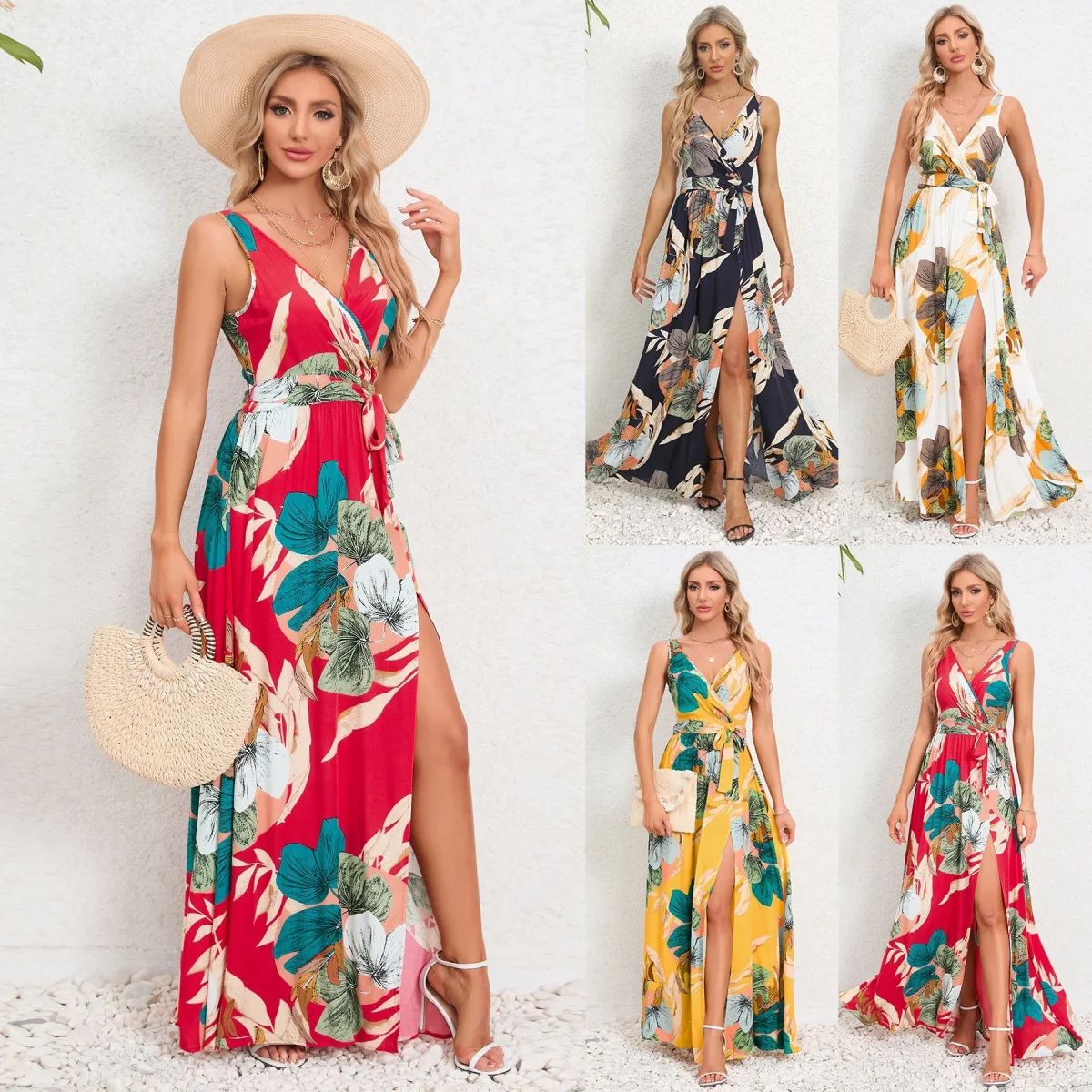 Lång sommarklänning med V-ringning och Blommig Design – Elegant Maxiklänning med Slits för Dam - Bild 2