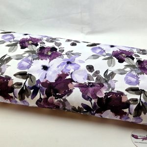 Trikåtyg Lena Lila och violetta blommor på vit botten