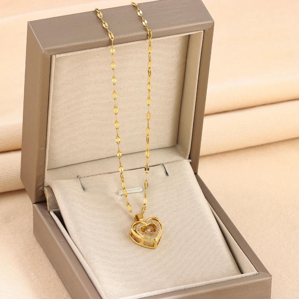 Double-layer Love Necklace With Rhinestones Titanium Steel Pendant Fashion Jewelry Woman Valentines Day Gift - Bild 7