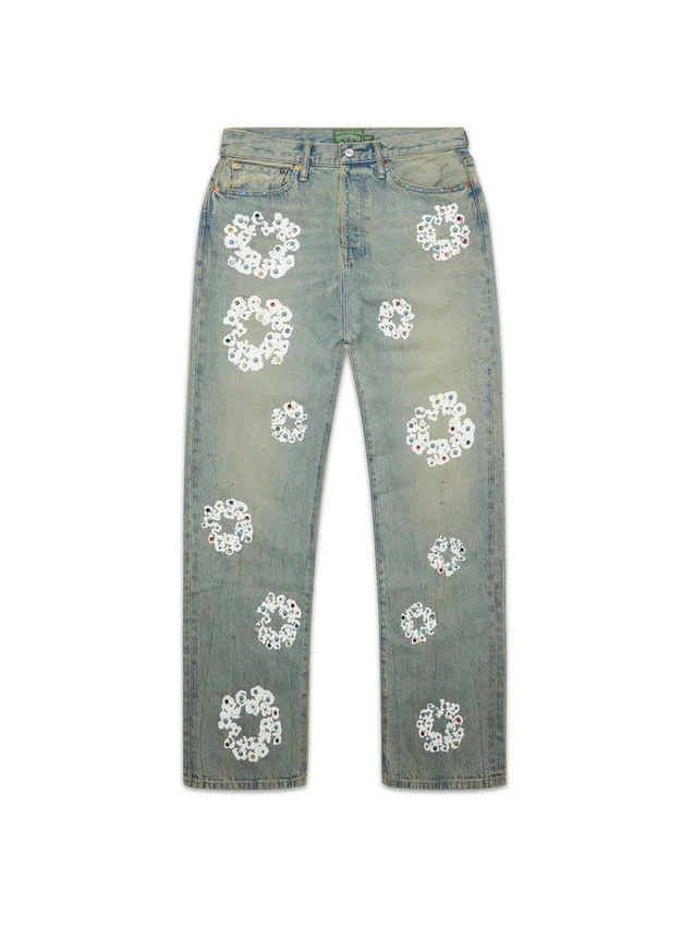Baggy Denim jeansbyxor med nitar och Cotton Wreath-mönster, smutsig tvätt - Bild 2