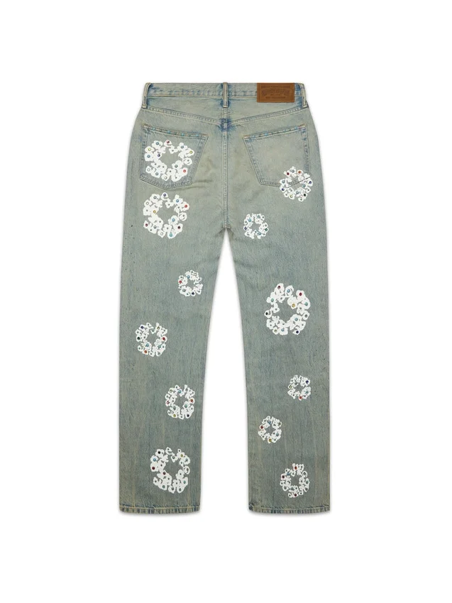 Baggy Denim jeansbyxor med nitar och Cotton Wreath-mönster, smutsig tvätt - Bild 3