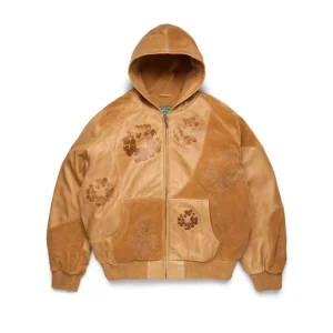 Cotton Wreath Hoodie i patchwork av läder/mocka och bomull med kransmönster, brun