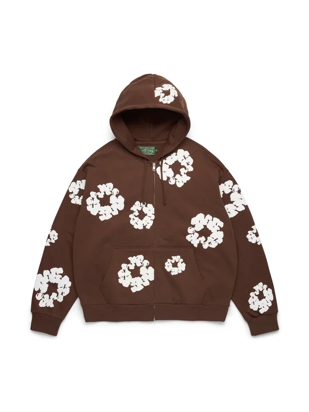Cotton Wreath Hoodie med dragkedja och bomullskransmönster, mörkbrun