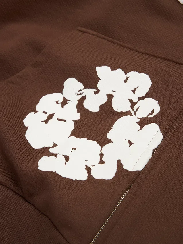Cotton Wreath Hoodie med dragkedja och bomullskransmönster, mörkbrun - Bild 4