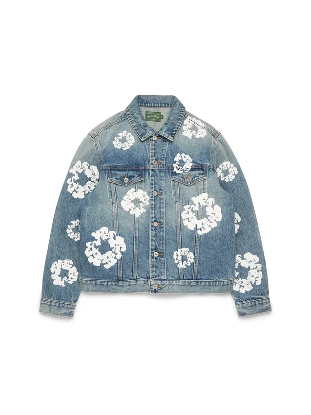 Denimjacka i bomull med Cotton Wreath-mönster, ljus tvätt