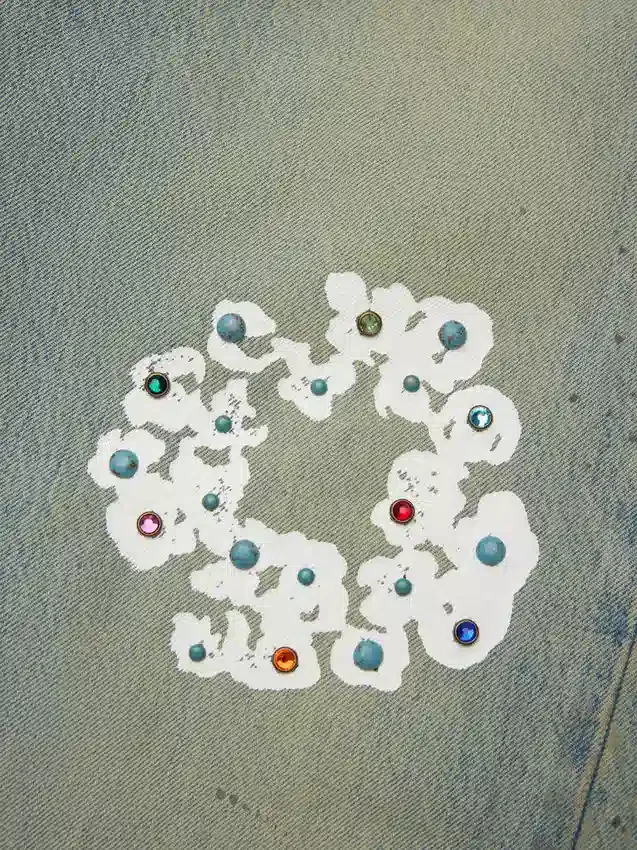 Baggy Denim jeansbyxor med nitar och Cotton Wreath-mönster, smutsig tvätt - Bild 4