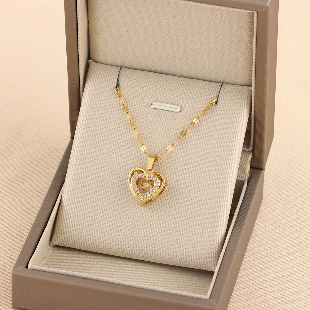 Double-layer Love Necklace With Rhinestones Titanium Steel Pendant Fashion Jewelry Woman Valentines Day Gift - Bild 3