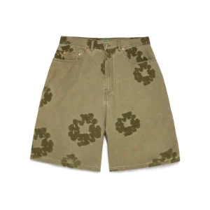 Kortbyxor i bomull med flockat Cotton Wreath-mönster, khaki